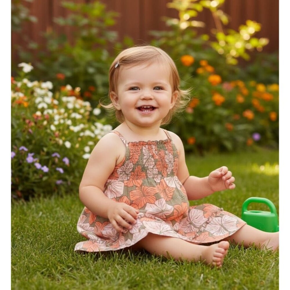 Old Navy Girls Floral Print Cotton Sundress With Smocked Bodice & Adjustable Str
